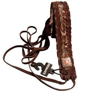 Express brown tie belt leather and feathers Size Large Marbled peach studs Rare